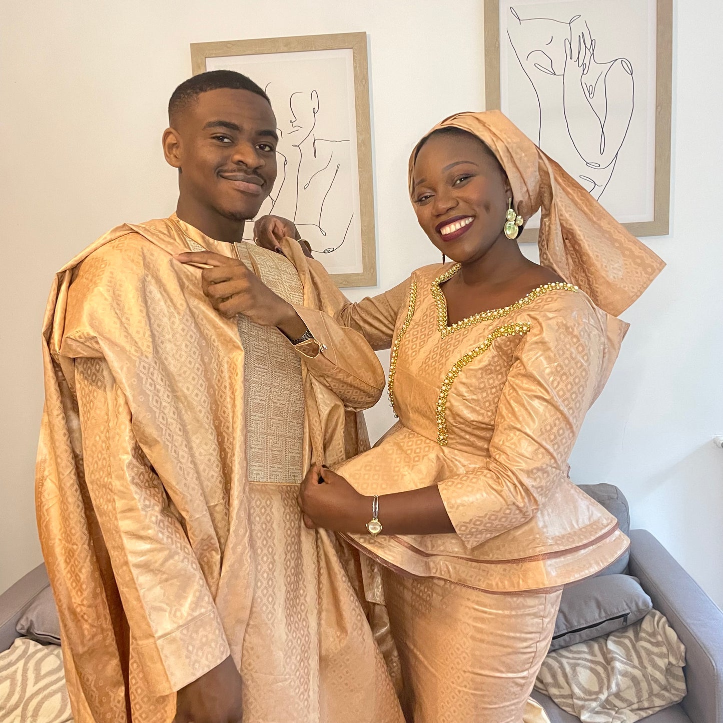 Vêtements traditionnels pour couple Grand boubou et taille basse bazin