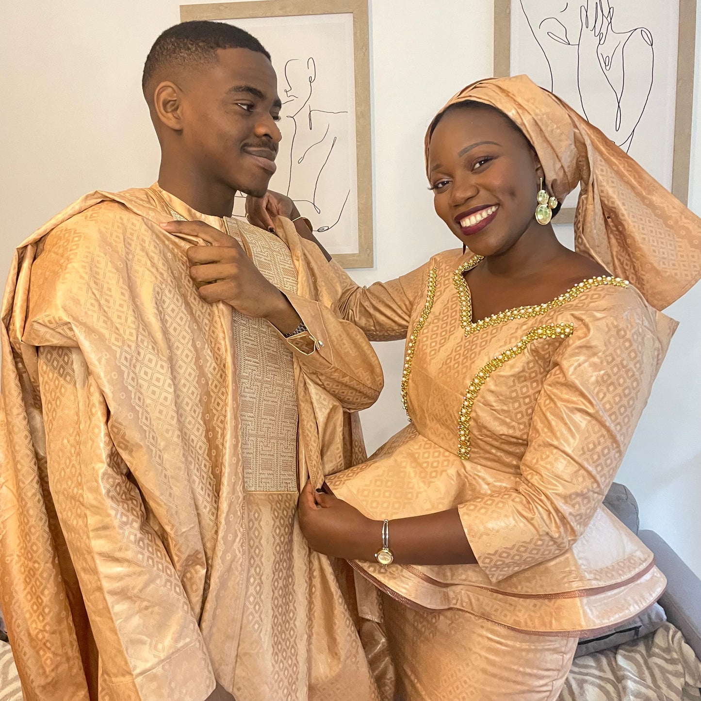 Vêtements traditionnels pour couple Grand boubou et taille basse bazin