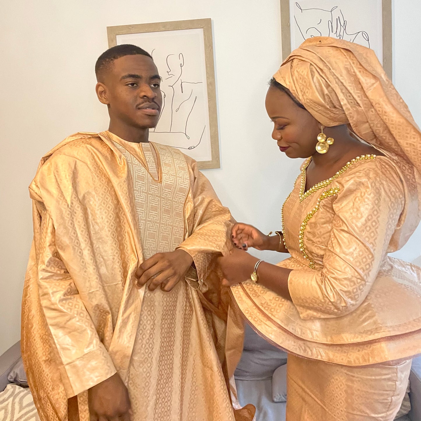 Vêtements traditionnels pour couple Grand boubou et taille basse bazin